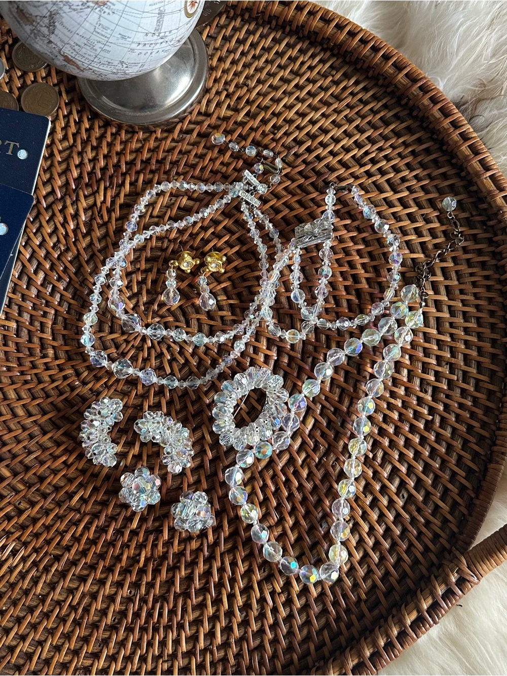 1960’s Vintage Aurora Borealis Beaded Bracelet Necklace and Earring Brooch Lot